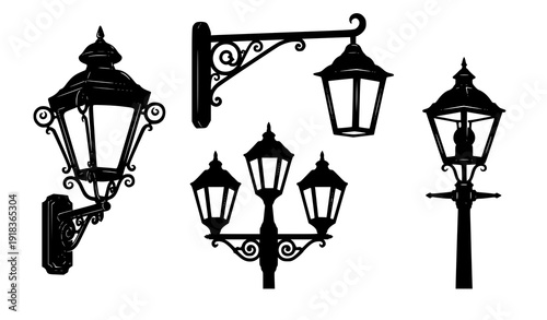 Ornamental street lamp silhouette vector design set