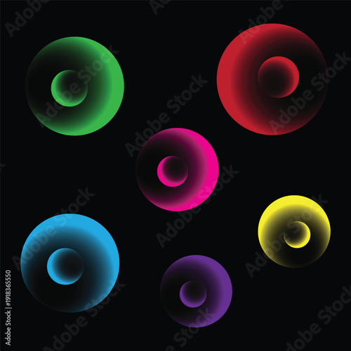 Abstract colorful glowing neon circle background with futuristic circular gradient shapes on a dark black backdrop