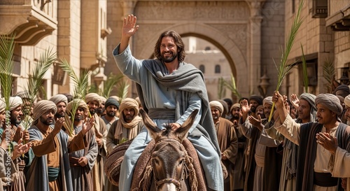 Biblical palm Sunday scene of Jesus riding a donkey through Jerusalem crowd for religious Easter holy week design. 