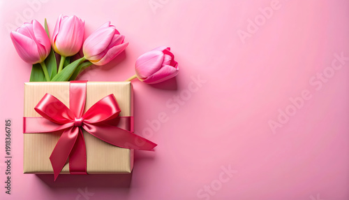 Elegant gift box with pink tulips and a satin ribbon, perfect for celebrations