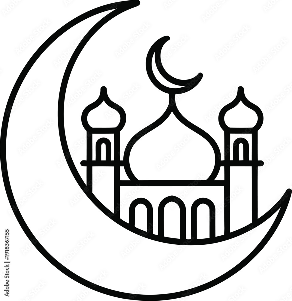 Obraz premium Islamic crescent moon with mosque outline vector illustration