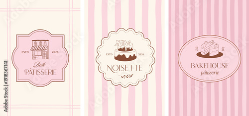 Retro pastry shop and bakery label set. Vintage illustrations of cakes and sweets for cafe logos and branding. 