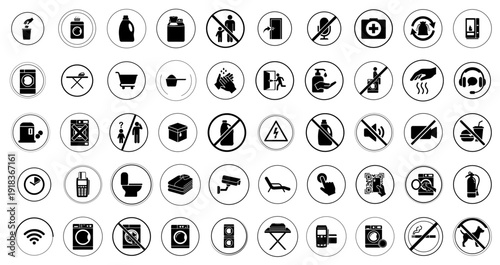 Laundromat Round Sign Icons Set, Black and White Vector Pictograms Collection