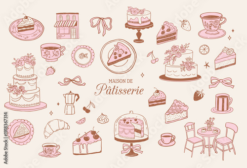 Retro pastry shop and bakery icons, logos and labels set. Vintage illustrations of cakes, coffee, desserts and sweets for cafe branding