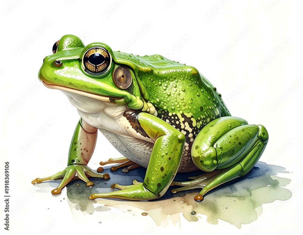 Obraz premium A vibrant, watercolor-style illustration of a large, green frog with big eyes, detailed skin, and realistic shadows