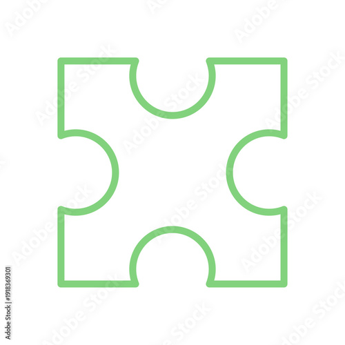 Simple flat green jigsaw puzzle piece in a clean silhouette. Fun toy element for kids and children. Essential boardgame accessory for table play and leisure activities.