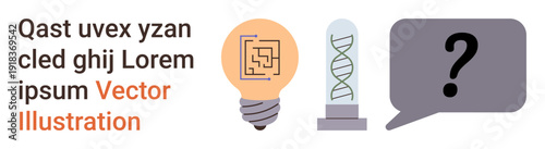 Innovation, DNA studies, problem solving, biology research, technology, communication. A light bulb, DNA helix and question mark in a speech bubble. Innovation and DNA studies concept