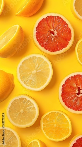 Top view photo of assorted citrus fruits including lemons, oranges and grapefruits with fresh green leaves on a bright yellow background, minimal summer composition.