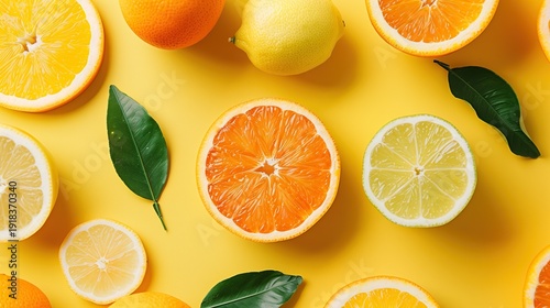 Top view image of sliced and whole citrus fruits arranged in a decorative pattern with green leaves on a vivid yellow background, bright and refreshing food concept.