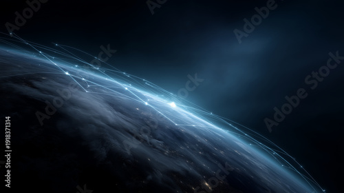 Global satellite communication network orbiting Earth 4K space concept Detailed space scene showing multiple modern communication satellites in low Earth orbit, each with reflectiv