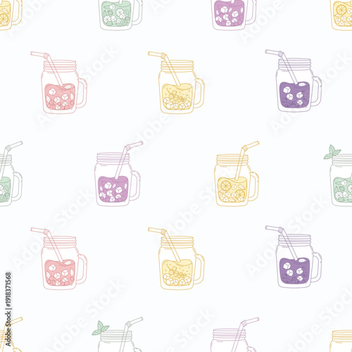 Berry Drink Lemonade in Mason Jars Seamless Pattern. Refreshing Cocktail in Ice, Gooseberry, White, Red, Black Currants, Blueberries, mint and Straw on Light Background. Minimalist Vector Illustration