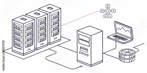A visual representation of a network infrastructure with servers and data storage