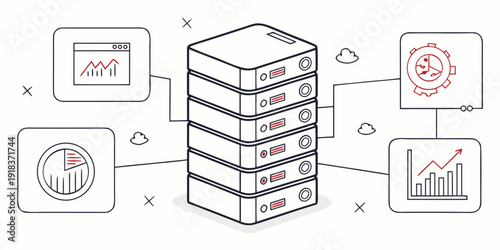 Illustration of a server with various data analytics and cloud computing icons.
