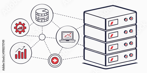 A visual representation of a server system with various connected devices and data analytics.
