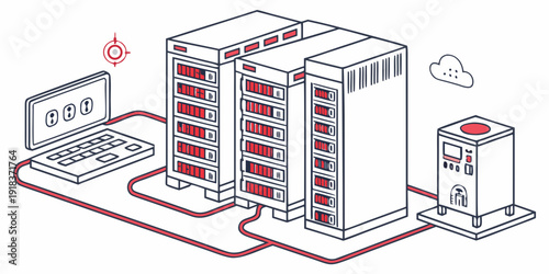 Illustration of a server room with interconnected devices and cloud storage