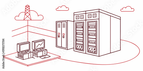 Server room with network infrastructure and cloud connectivity illustration