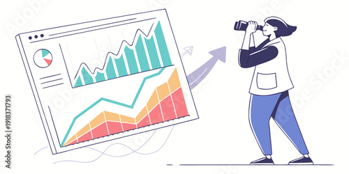 Business professional analyzing a colorful line and bar chart on a large screen.