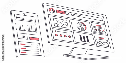 A detailed illustration of a mobile phone and a desktop computer displaying various applications