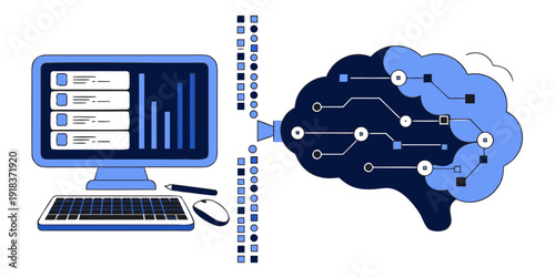 Illustration of a computer connected to a brain symbolizing ai and machine learning