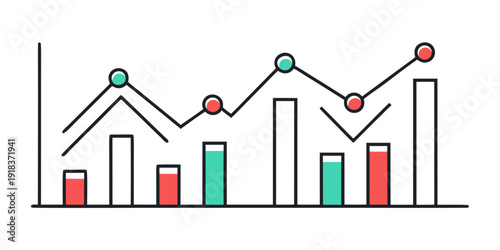 A line graph with colored markers and bars representing data points and values.