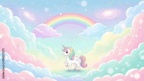 Cute pastel unicorn under rainbow in dreamy cloud sky illustration, vector , Fairytale unicorn scene for kids nursery design,Magical fantasy unicorn illustration with soft rainbow background