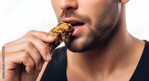 Fit man about to bite protein bar, fitness and performance nutrition concept, dynamic close-up.