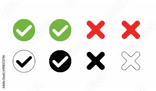 Green check and red cross approval icons flat vector set
