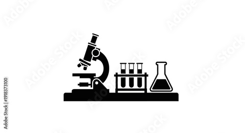 Microscope and laboratory equipment silhouette on a white background, representing science and research
