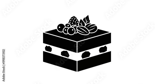 Sophisticated silhouette of a layered dessert featuring fresh berries, crisp nuts, and aromatic mint leaves, ideal for elegant food menus or confectionery branding