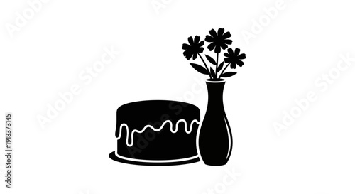 Pure silhouette graphic featuring a frosted cake with dripping icing next to a vase holding flowers, ideal for elegant event designs and decorative elements