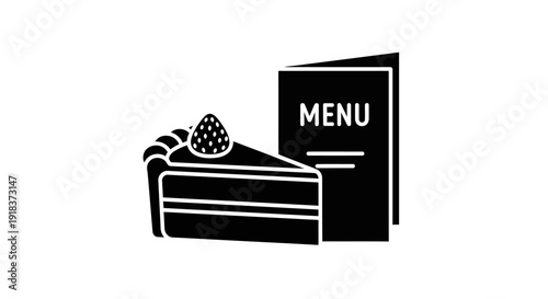 Minimalist silhouette icon of a delicious cake slice with a strawberry next to a restaurant menu, perfect for cafe and dessert shop designs and branding