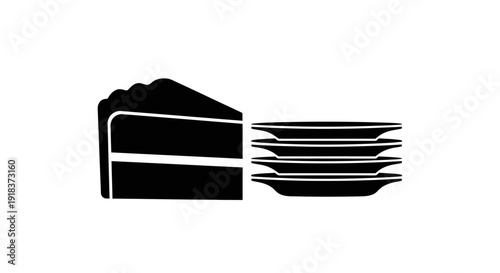 A slice of cake next to a stack of plates, presented as a clean silhouette graphic