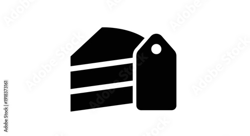 Stylized black silhouette icon of a cake slice next to a price tag, representing bakery promotions, sweet deals, dessert sales, and special offers on delicious confectionery items