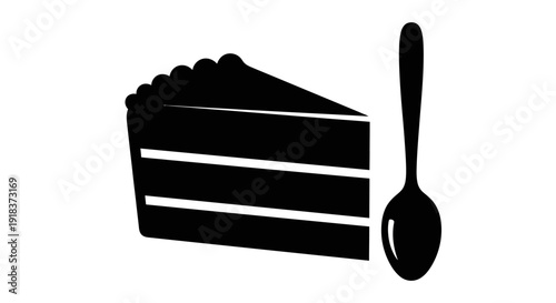 Clean, pure black silhouette icon of a delightful cake slice beside a spoon, symbolizing sweet treats, dessert indulgence, and simple culinary enjoyment