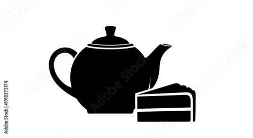 Elegant black silhouette illustration of a classic teapot paired with a delicious slice of cake, symbolizing comfort, breaks, and delightful treats for a perfect tea time experience
