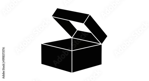 Elegant and simple minimalist black silhouette illustration of an open empty box, symbolizing new beginnings, discovery, or a perfect container for gifts and products
