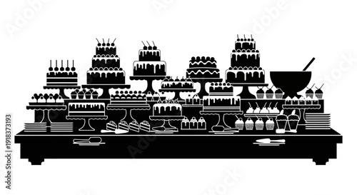 Elegant monochrome silhouette of a grand dessert buffet, featuring an opulent spread of tiered cakes, pastries, and treats arranged on a display table for celebration