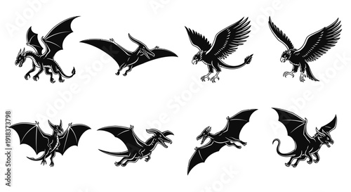 Giant Carnivorous Flying Creatures Vector Set – Dragon, Pterosaur, Griffin, Wyvern, Fantasy Predator Silhouettes
