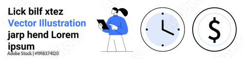 Business productivity, time management, financial planning, decision-making, workplace efficiency, cost management. Woman holding a tablet, clock and dollar sign. Productivity and financial planning