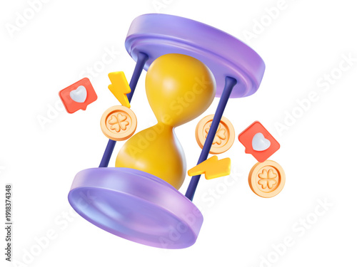 3D vector hourglass with golden coins and social media like icons. Concept of best time for social media posting, content marketing strategy and audience engagement.