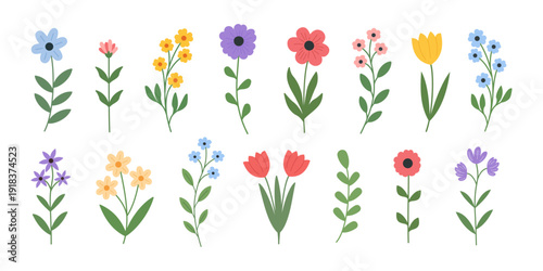 A collection of hand-drawn vector flowers with vibrant green leaves and botanical details, perfect for spring and summer designs, prints, and special occasions like Women's Day, Mother's Day,or Easter
