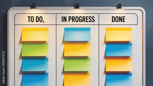Kanban Board: A modern, streamlined kanban board with color-coded sticky notes showcases project phases, from To Do to Done. conveying organized process