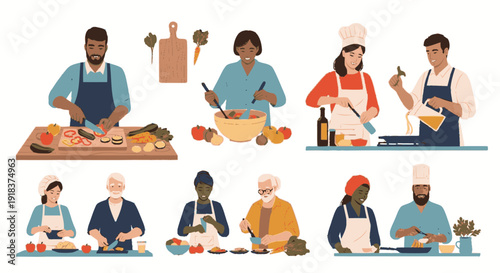 Diverse People Cooking and Preparing Food in Kitchen