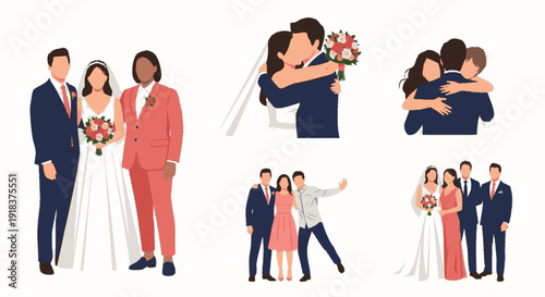 Diverse Wedding Couple and Guest Characters Flat Vector Set