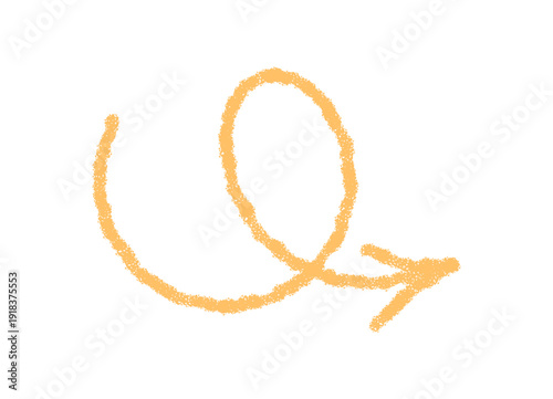 Hand drawn orange swirl crayon arrow with a spiral stroke element. Unique icon with a sketch symbol. Decorative arrow and spiral for modern element or creative symbol in orange crayon style.