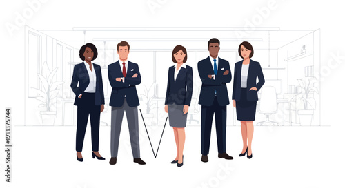 Illustration of a diverse group of business professionals standing confidently in a line with a faint office background.