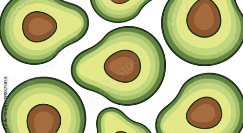 Flat lay of multiple cartoon avocados cut in half on a white background with green and brown colors.