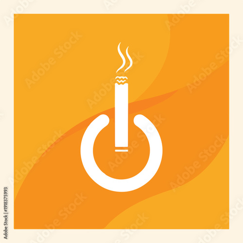Icon of a lit cigarette within a power button symbol on an orange background with a white border.