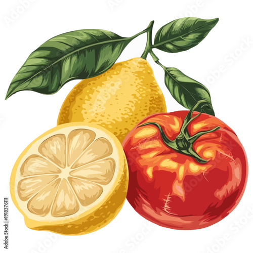 A vibrant illustration of fresh fruits including lemons and tomatoes. isolated on white background, Vector, illustration