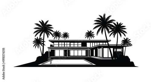 Modern house with a swimming pool framed by tropical palm trees